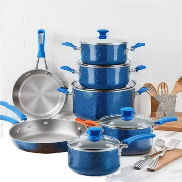 Konkurencyjny cenowo zestaw naczyń kuchennych z patelnią grillową 13-częściowy zestaw naczyń kuchennych Markowy zestaw naczyń kuchennych z podwójną powłoką granitową